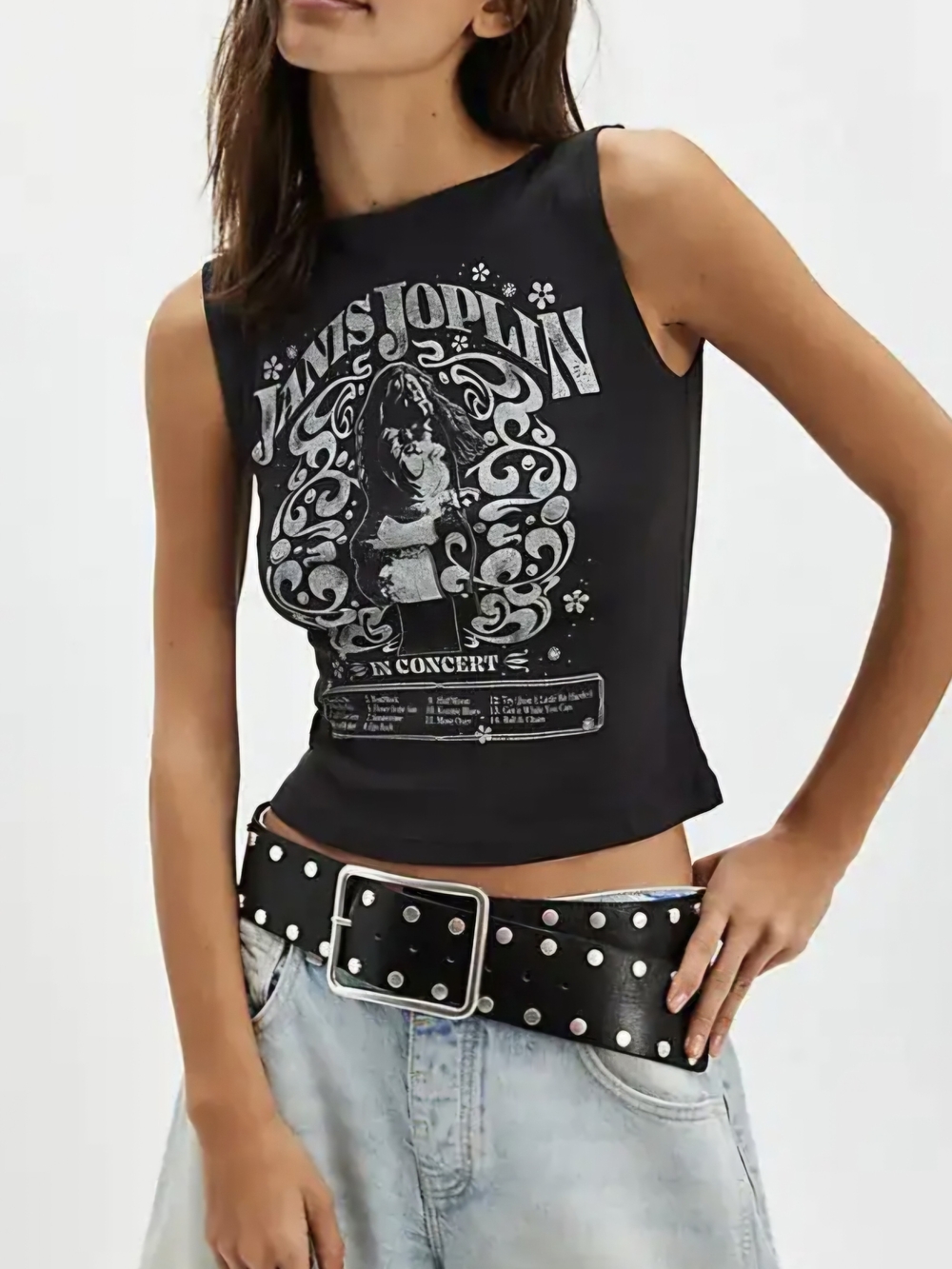 NWT Free People Black Graphic Crop Tank Top – Janis Joplin Concert Design